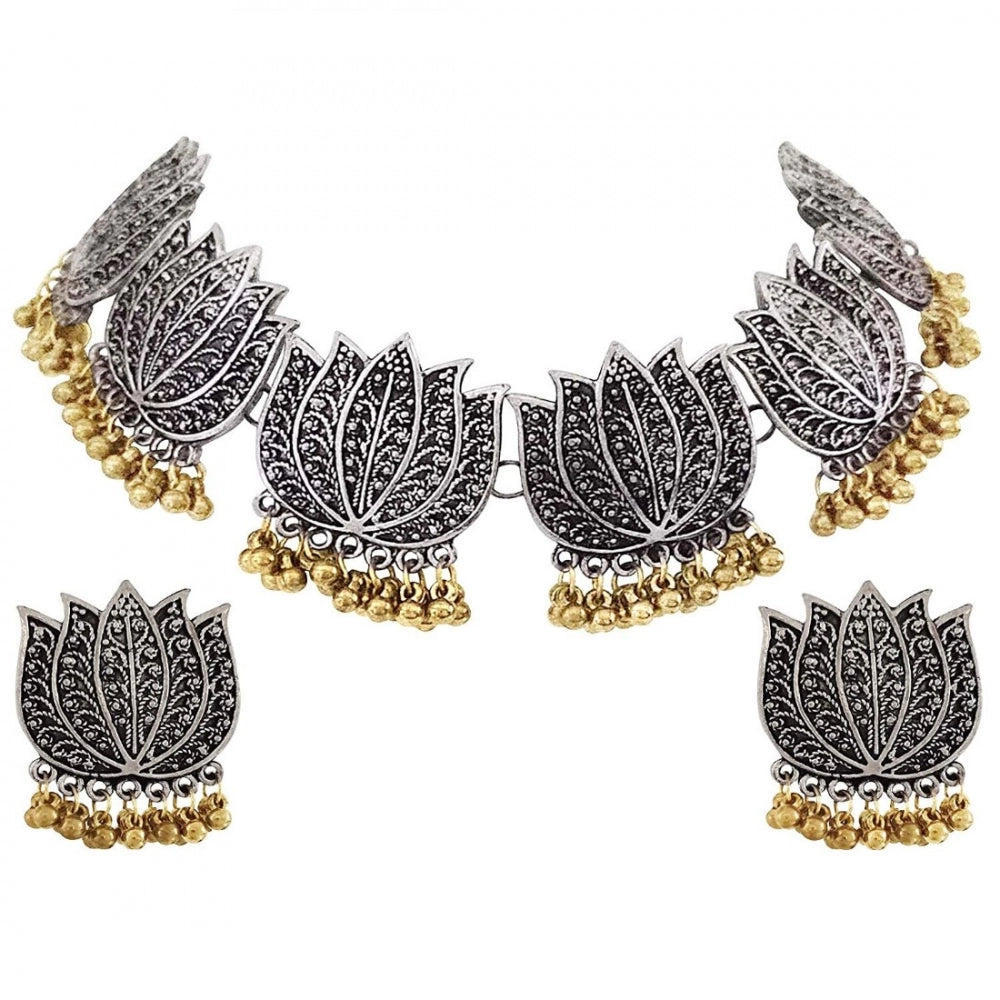 Clasymist Antique Silver Oxidised Plated Tribal Afghani Necklace With Earrings Set For Women