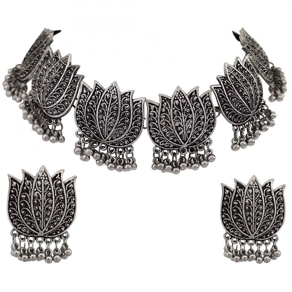 Clasymist Antique Silver Oxidised Tribal Afghani Necklace With Earrings Set For Women