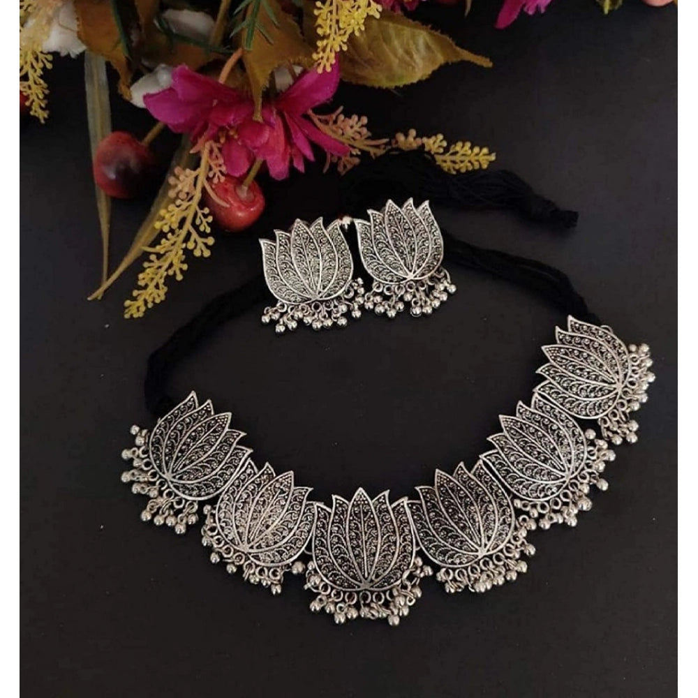 Clasymist Antique Silver Oxidised Tribal Afghani Necklace With Earrings Set For Women