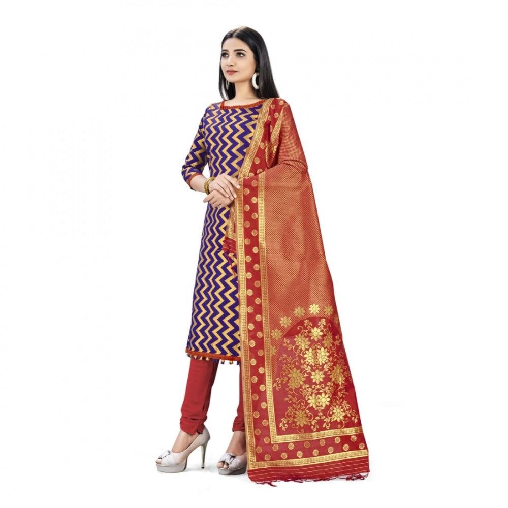 Clasymist Banarasi Silk Unstitched Salwar-Suit Material Premium Quality With Dupatta (Color: Navy Blue)