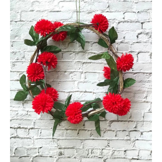 Clasymist Artificial Red Chrysanthemum Dahlia Flower Vine Creeper With Big Green Leaves For Home Decoraton (Color: Red, Material: Silk Polyester)