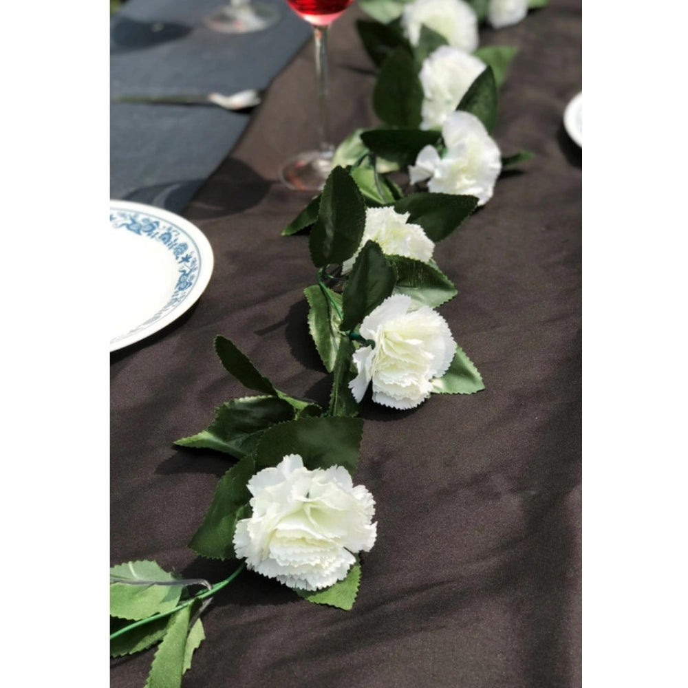 Clasymist Artificial White Carnation Flower Vine Creeper With Big Green Leaves (Color: White, Material: Silk Polyester)