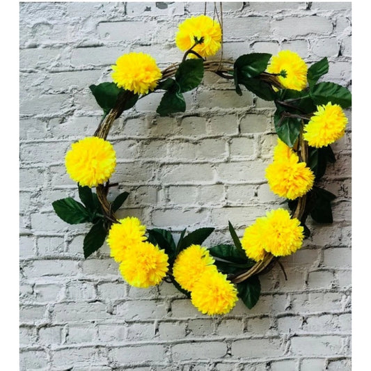 Clasymist Artificial Yellow Chrysanthemum Dahlia Flower Vine Creeper With Big Green Leaves For Home Decoraton (Color: Yellow, Material: Silk Polyester)