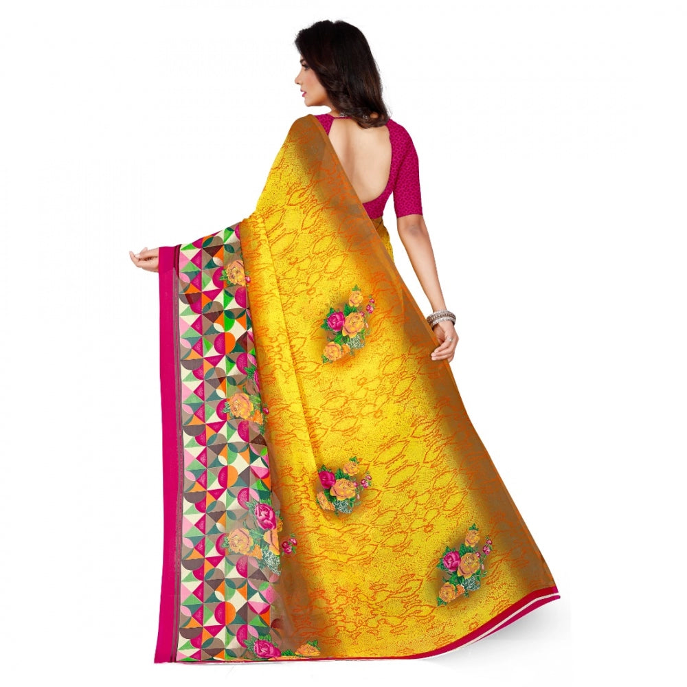 Clasymist Women's Faux Georgette Saree With Blouse (Yellow, 5-6Mtrs)