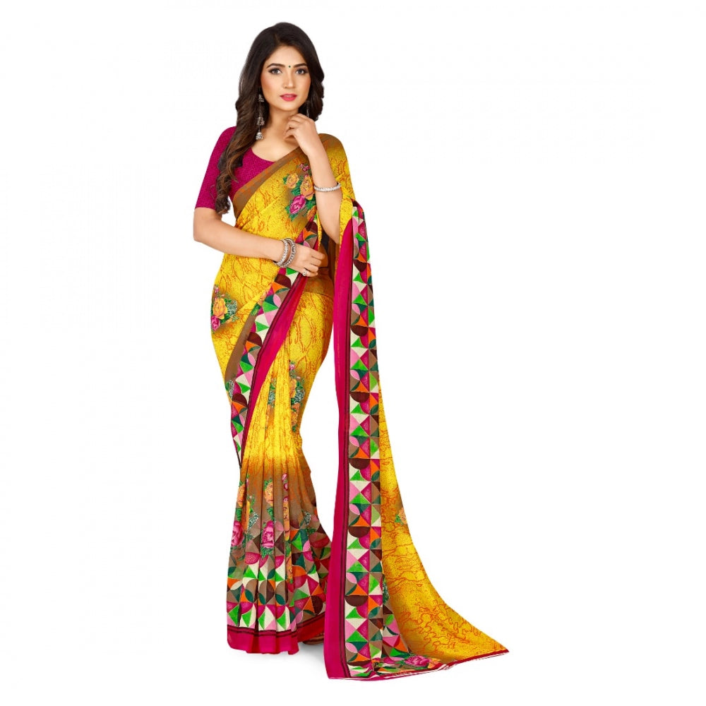 Clasymist Women's Faux Georgette Saree With Blouse (Yellow, 5-6Mtrs)