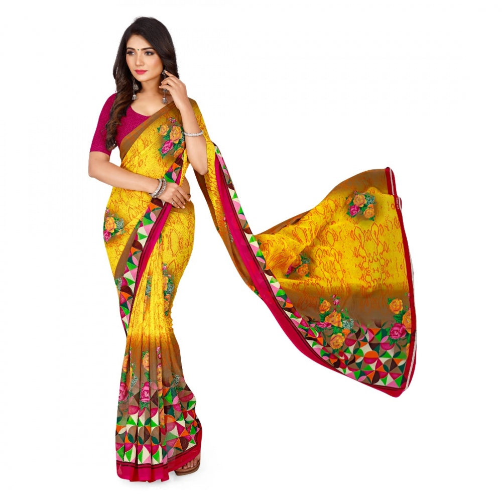 Clasymist Women's Faux Georgette Saree With Blouse (Yellow, 5-6Mtrs)