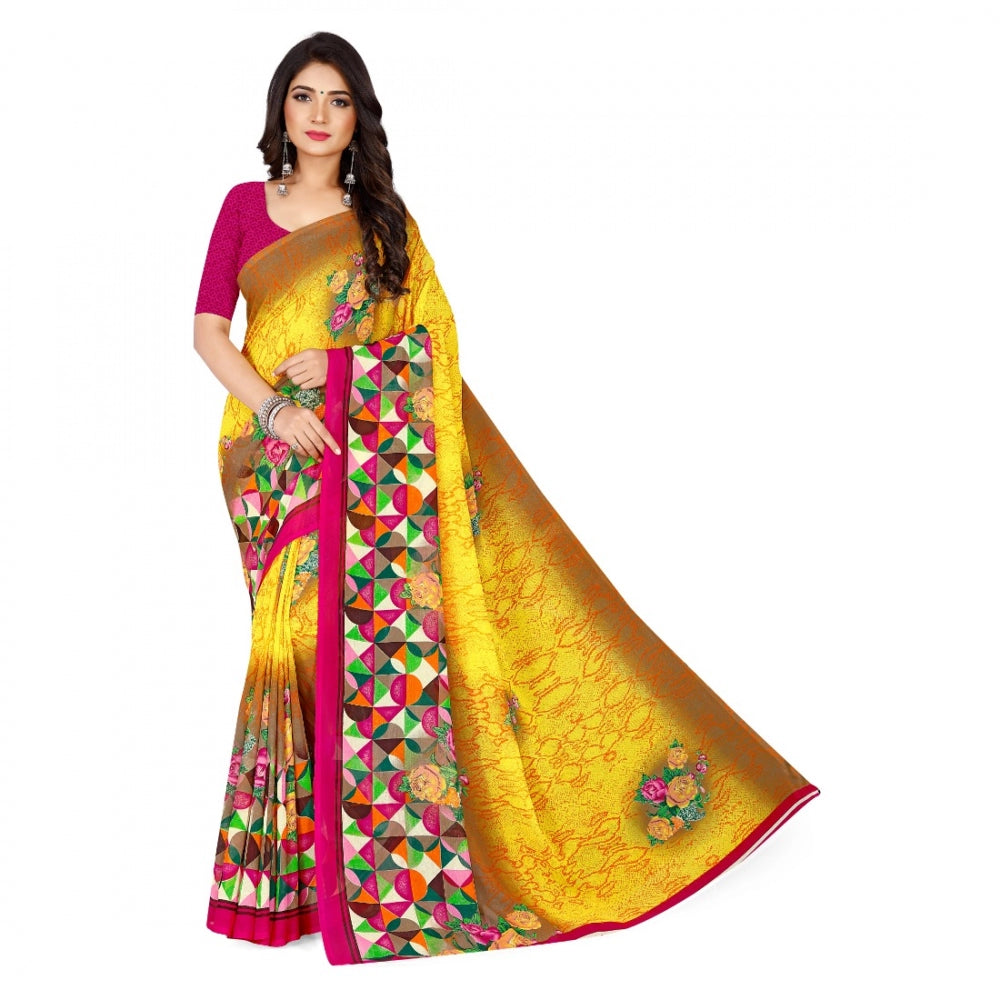 Clasymist Women's Faux Georgette Saree With Blouse (Yellow, 5-6Mtrs)