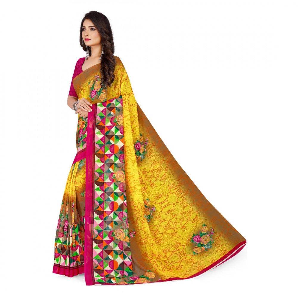 Clasymist Women's Faux Georgette Saree With Blouse (Yellow, 5-6Mtrs)