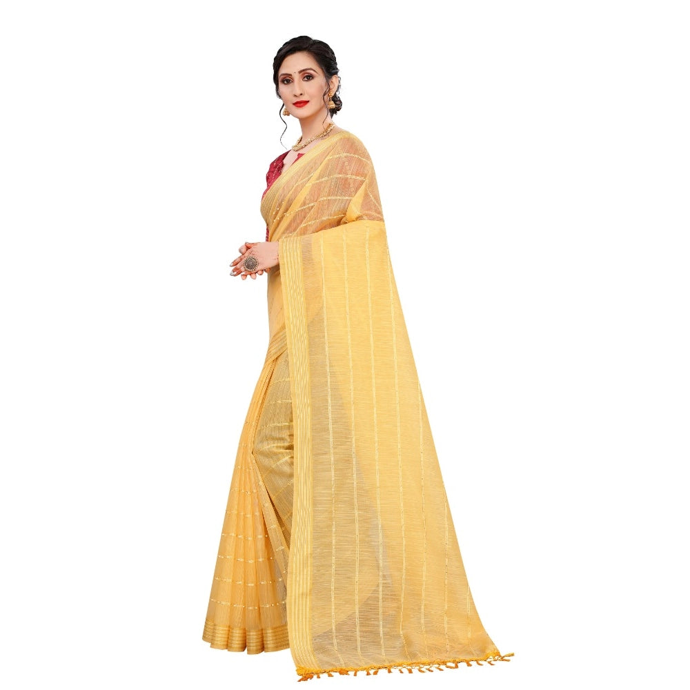 Clasymist Women's Cotton Saree With Blouse (Yellow, 5-6Mtrs)