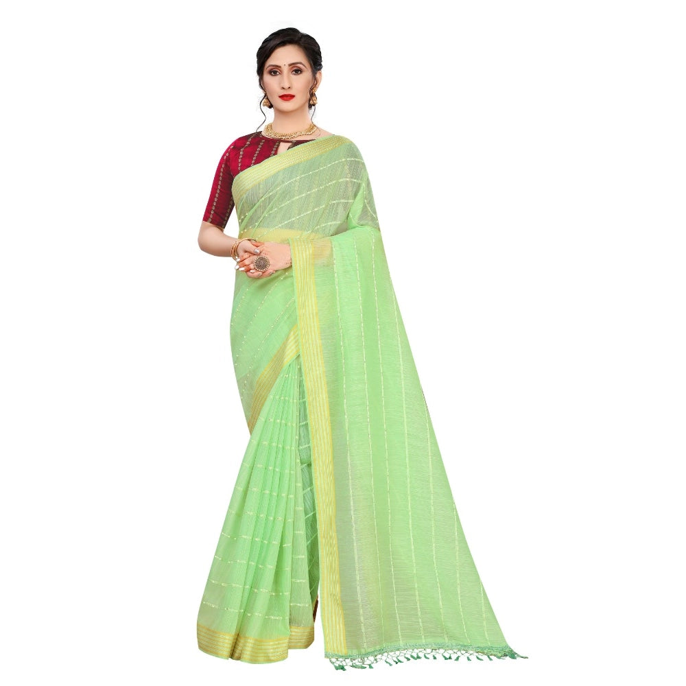 Clasymist Women's Cotton Saree With Blouse (Parrot Green, 5-6Mtrs)