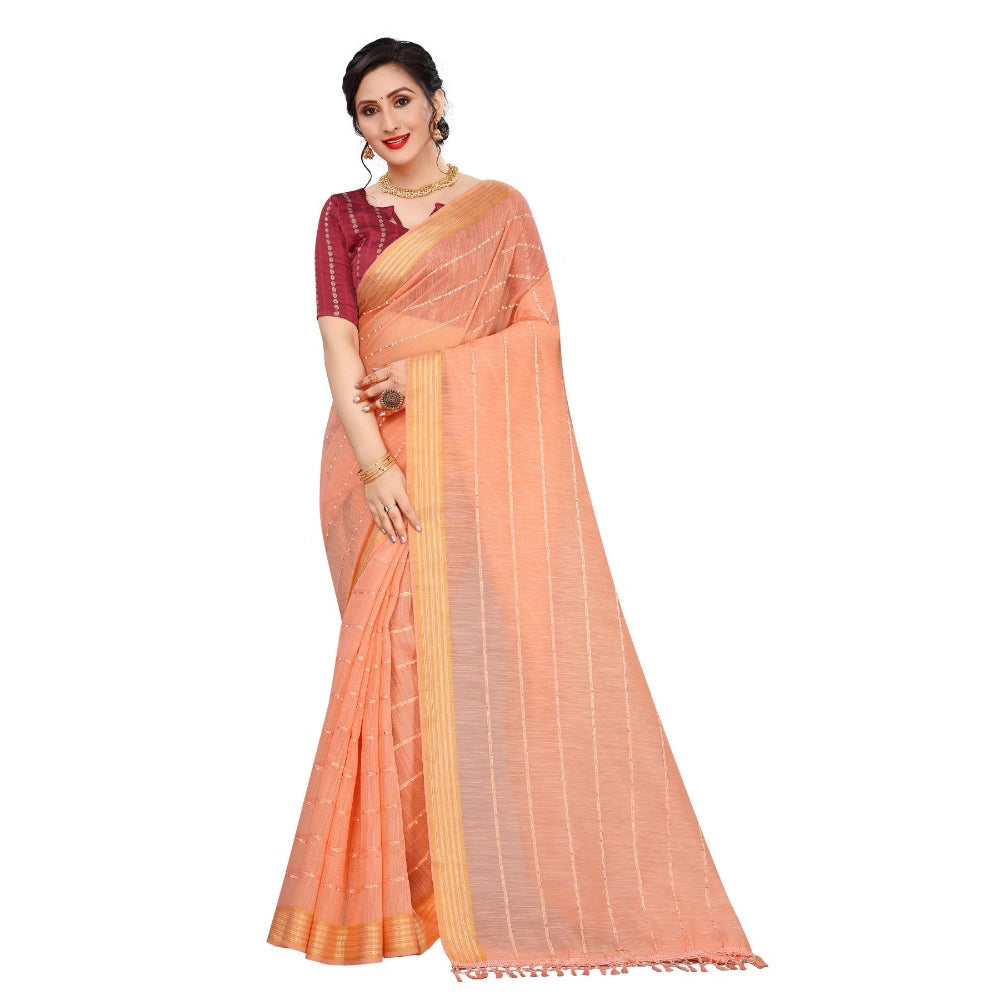 Clasymist Women's Cotton Saree With Blouse (Orange, 5-6Mtrs)