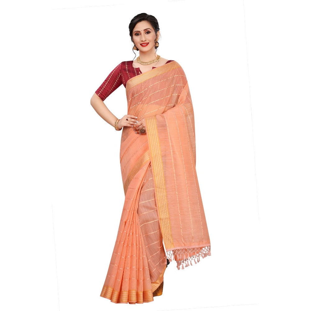 Clasymist Women's Cotton Saree With Blouse (Orange, 5-6Mtrs)