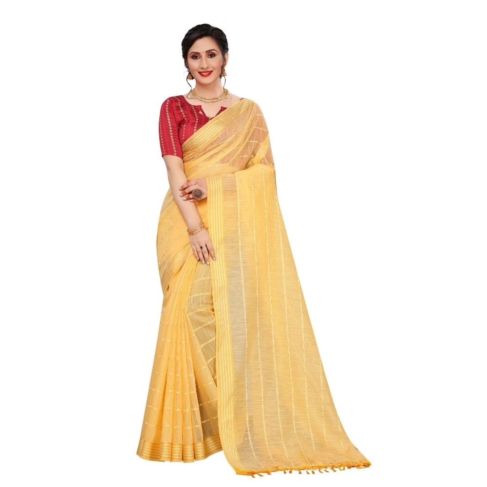 Clasymist Women's Cotton Saree With Blouse (Yellow, 5-6Mtrs)