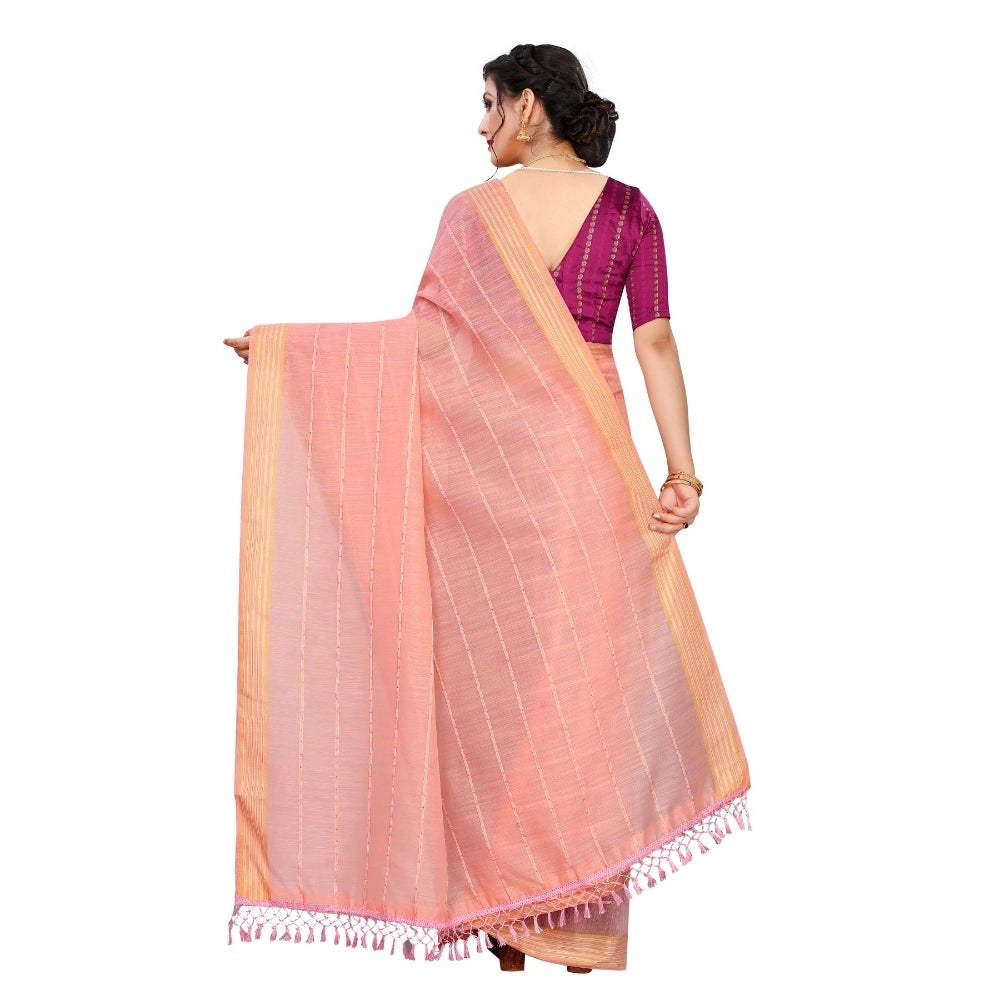 Clasymist Women's Cotton Saree With Blouse (Pink, 5-6Mtrs)