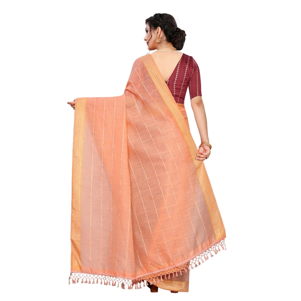 Clasymist Women's Cotton Saree With Blouse (Orange, 5-6Mtrs)