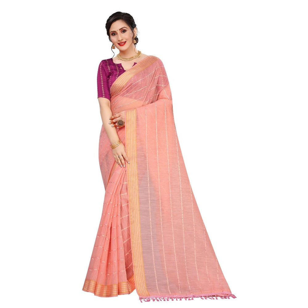 Clasymist Women's Cotton Saree With Blouse (Pink, 5-6Mtrs)