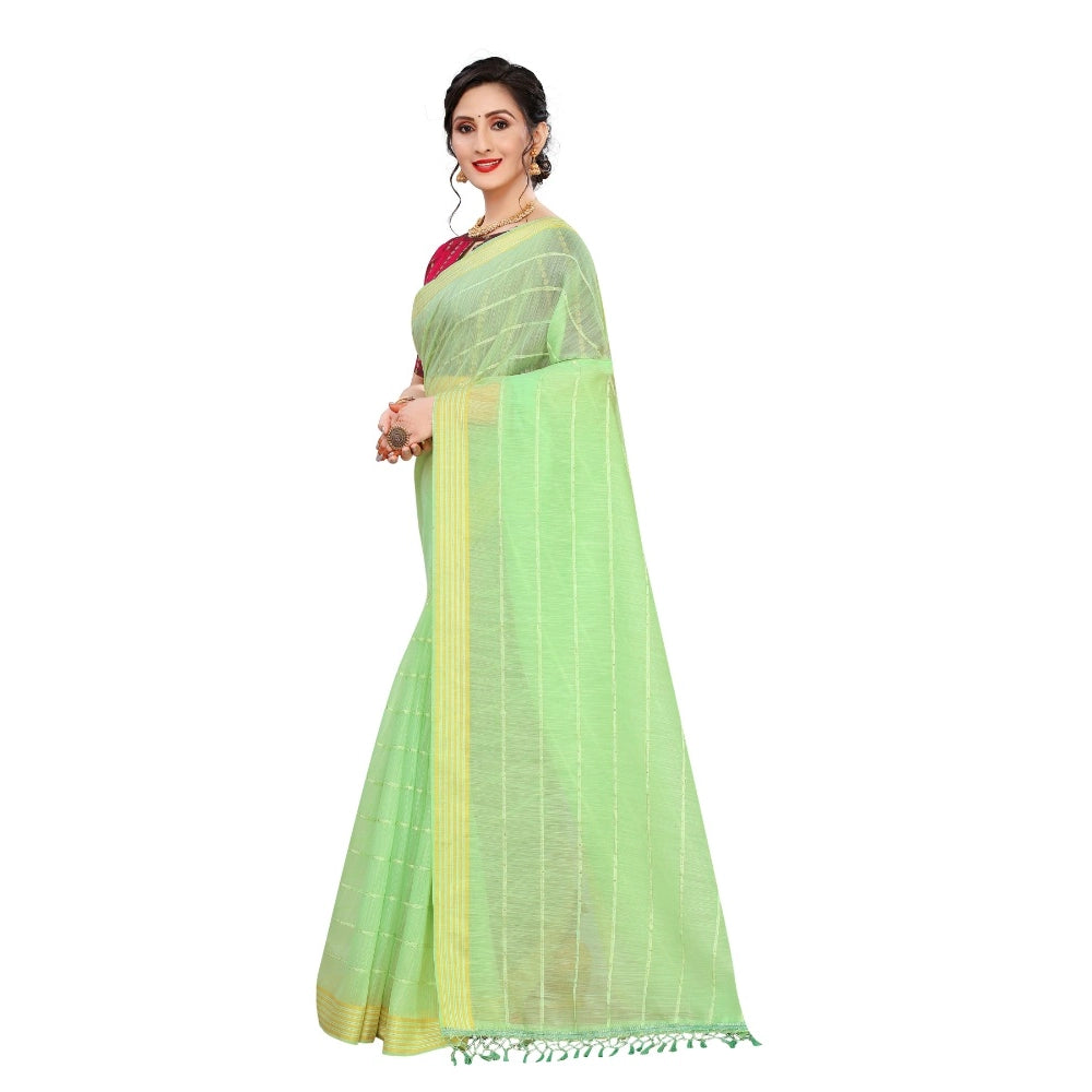 Clasymist Women's Cotton Saree With Blouse (Parrot Green, 5-6Mtrs)