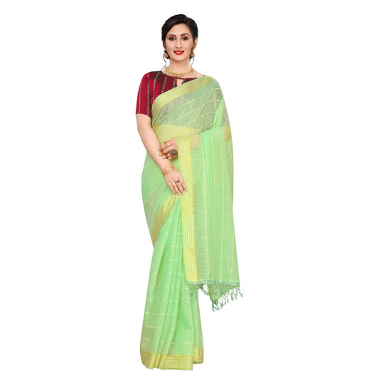 Clasymist Women's Cotton Saree With Blouse (Parrot Green, 5-6Mtrs)