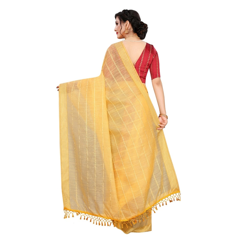 Clasymist Women's Cotton Saree With Blouse (Yellow, 5-6Mtrs)