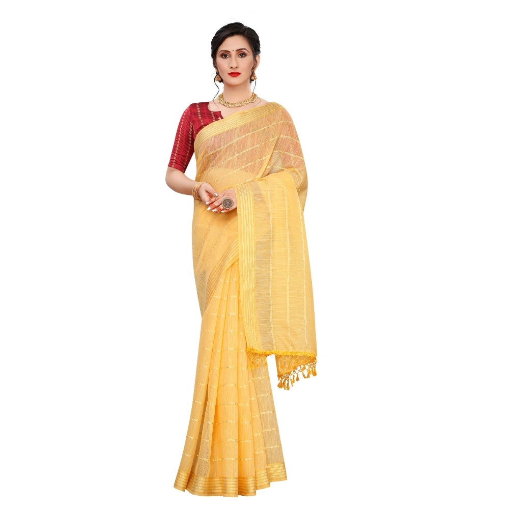 Clasymist Women's Cotton Saree With Blouse (Yellow, 5-6Mtrs)