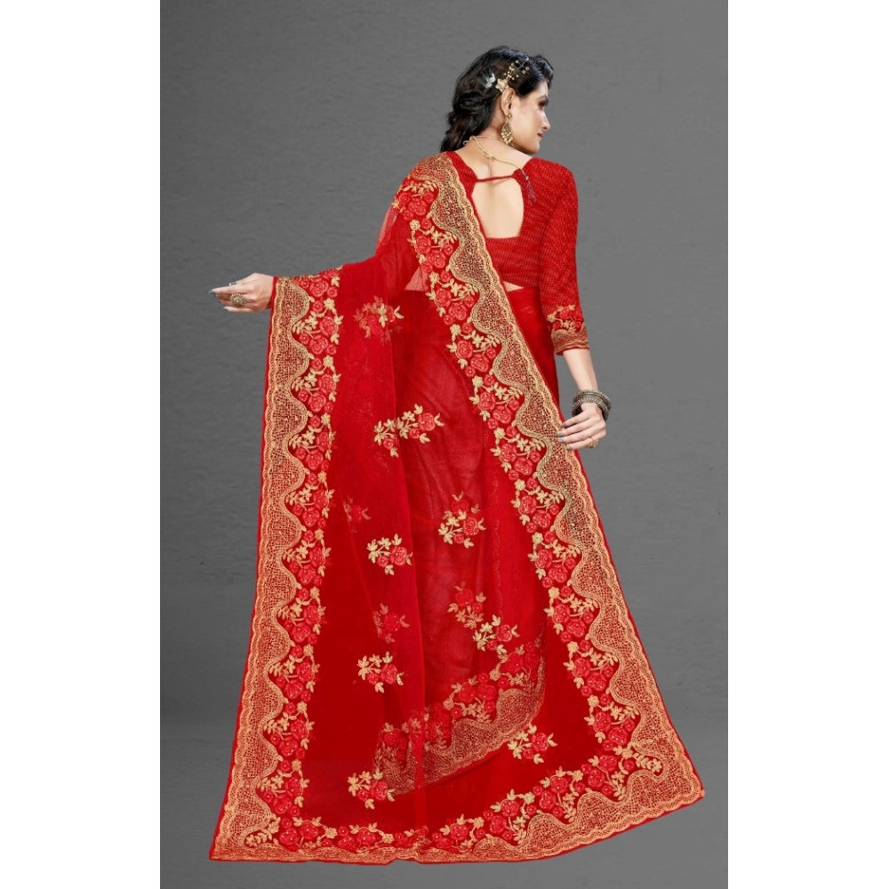 Clasymist Women's Net Saree With Blouse (Red, 5-6Mtrs)