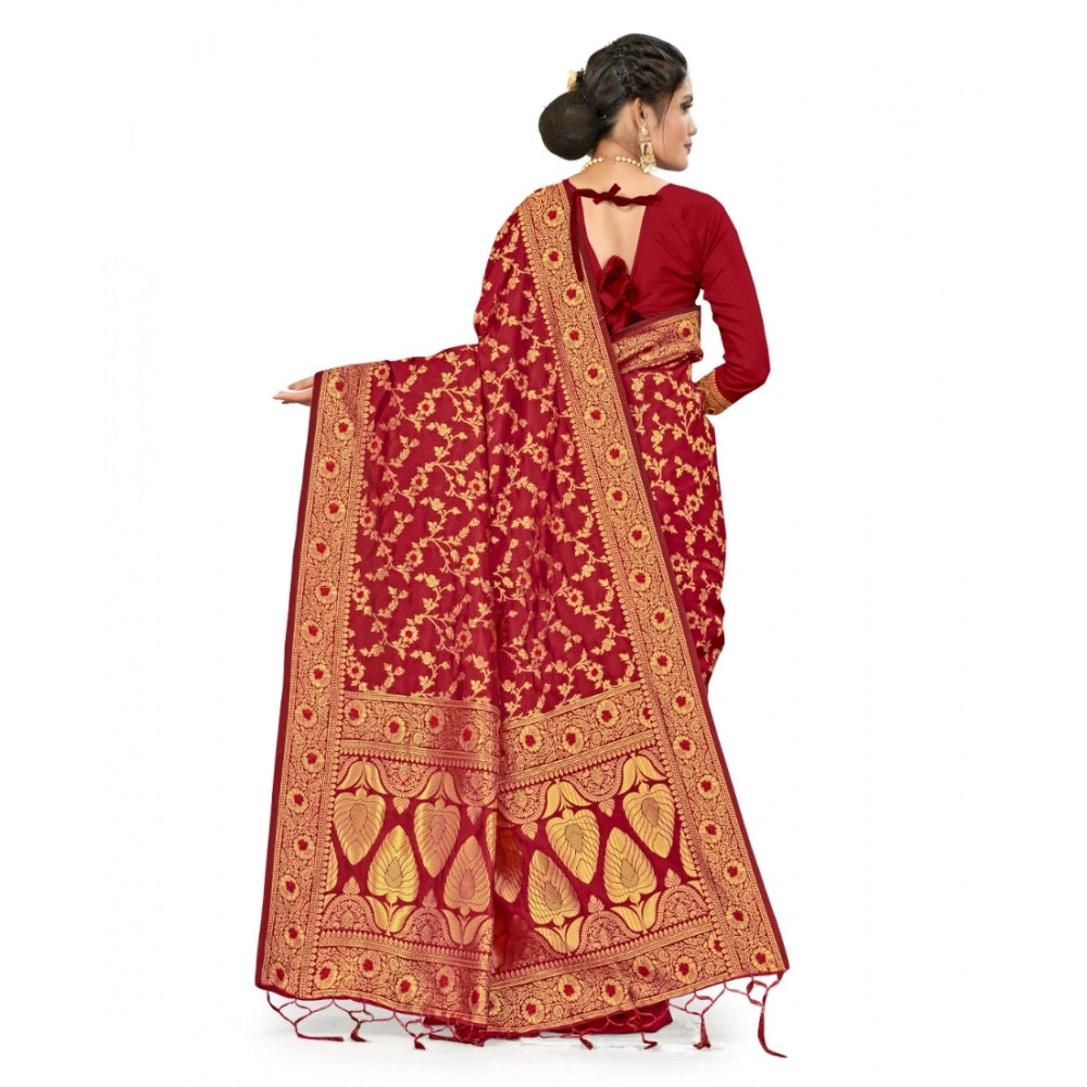 Clasymist Women's Banarasi Silk Saree With Blouse (Maroon, 5-6Mtrs)