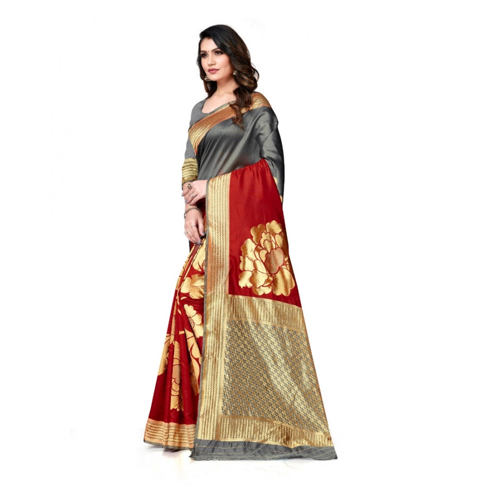 Clasymist Women's Banarasi Silk Saree With Blouse (Grey, Red, 5-6Mtrs)