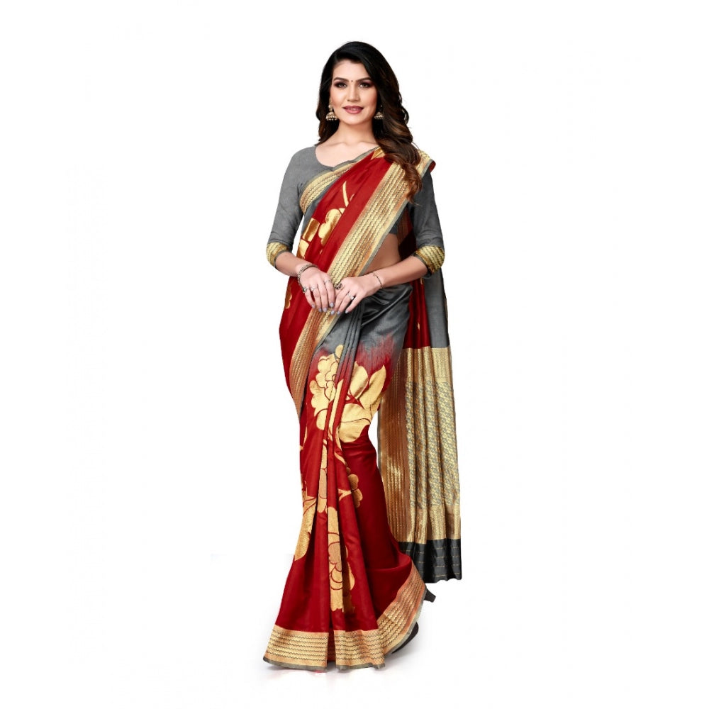 Clasymist Women's Banarasi Silk Saree With Blouse (Grey, Red, 5-6Mtrs)