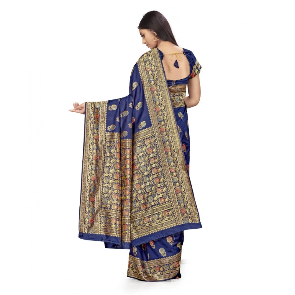 Clasymist Women's Banarasi Silk Saree With Blouse (Navy Blue, 5-6Mtrs)