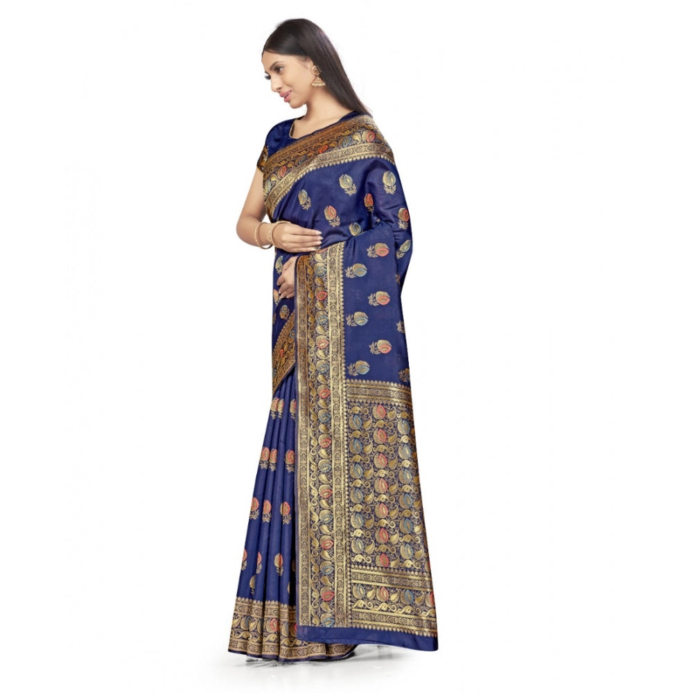 Clasymist Women's Banarasi Silk Saree With Blouse (Navy Blue, 5-6Mtrs)