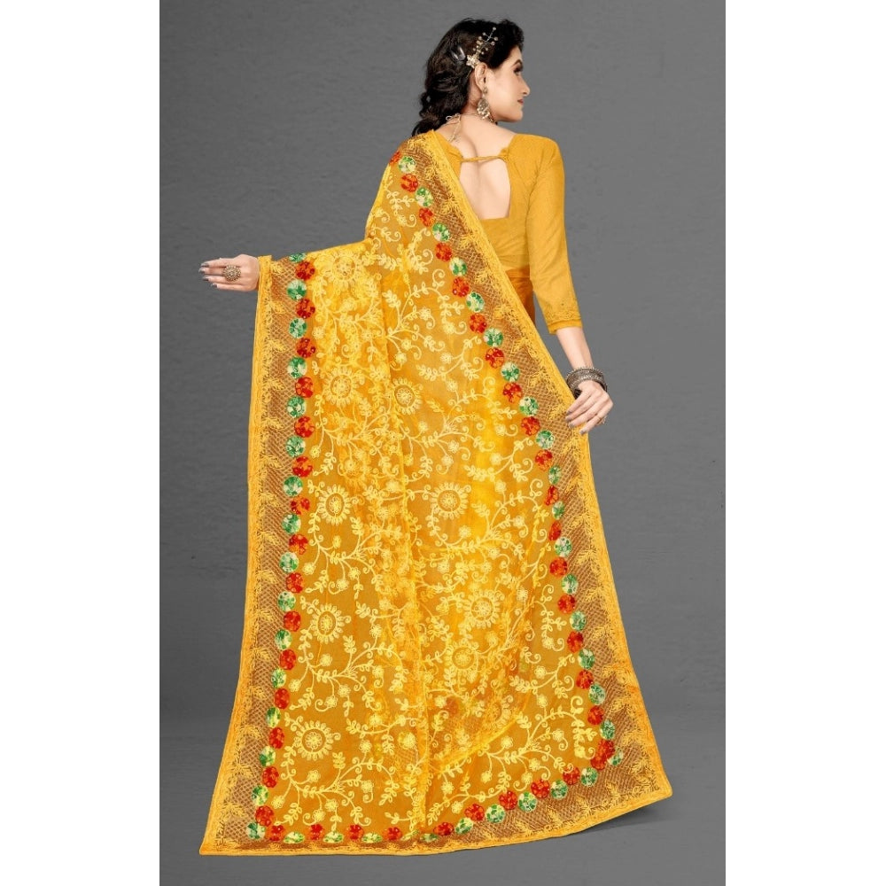 Clasymist Women's Net Saree With Blouse (Yellow, 5-6Mtrs)