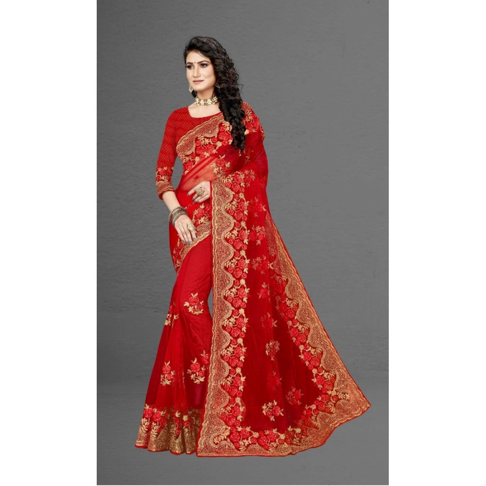 Clasymist Women's Net Saree With Blouse (Red, 5-6Mtrs)