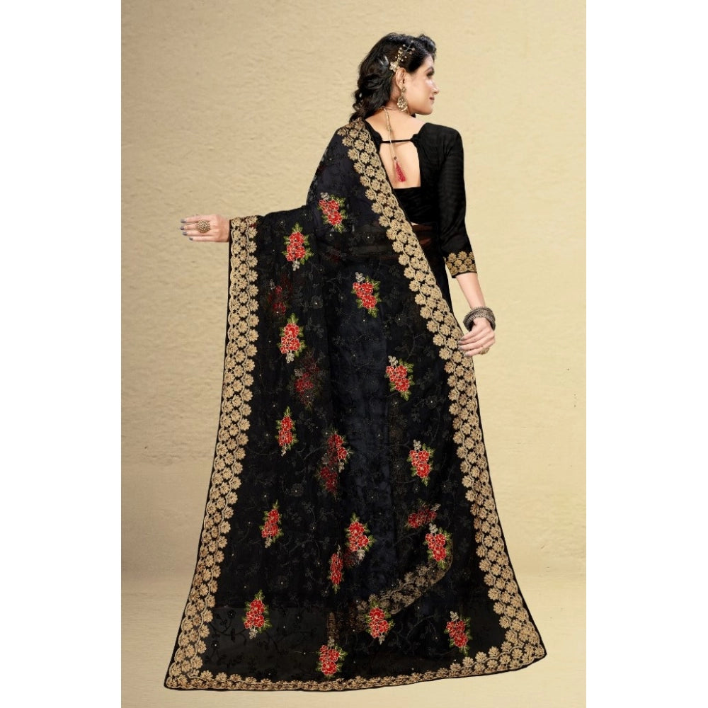 Clasymist Women's Net Saree With Blouse (Black, 5-6Mtrs)