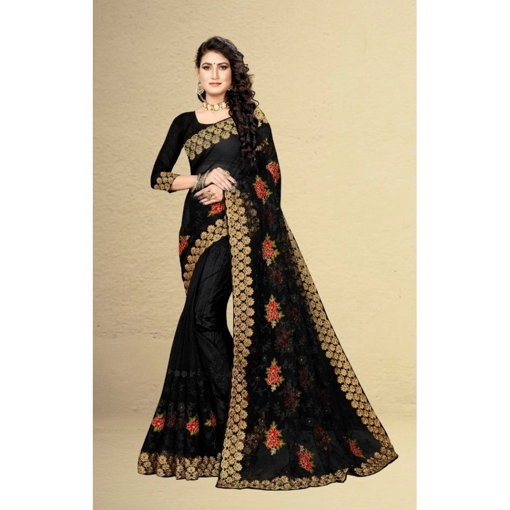 Clasymist Women's Net Saree With Blouse (Black, 5-6Mtrs)