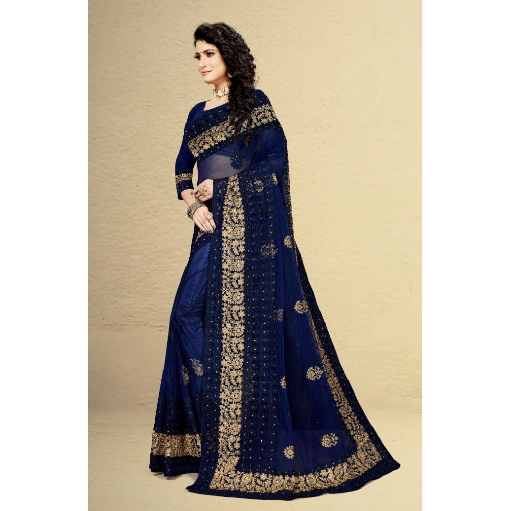 Clasymist Women's Net Saree With Blouse (Navy Blue, 5-6Mtrs)