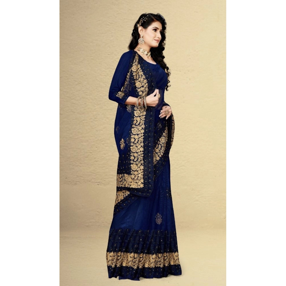 Clasymist Women's Net Saree With Blouse (Navy Blue, 5-6Mtrs)