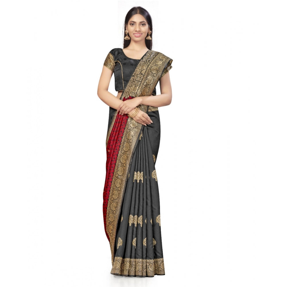 Clasymist Women's Banarasi Silk Saree With Blouse (Black, Red, 5-6Mtrs)