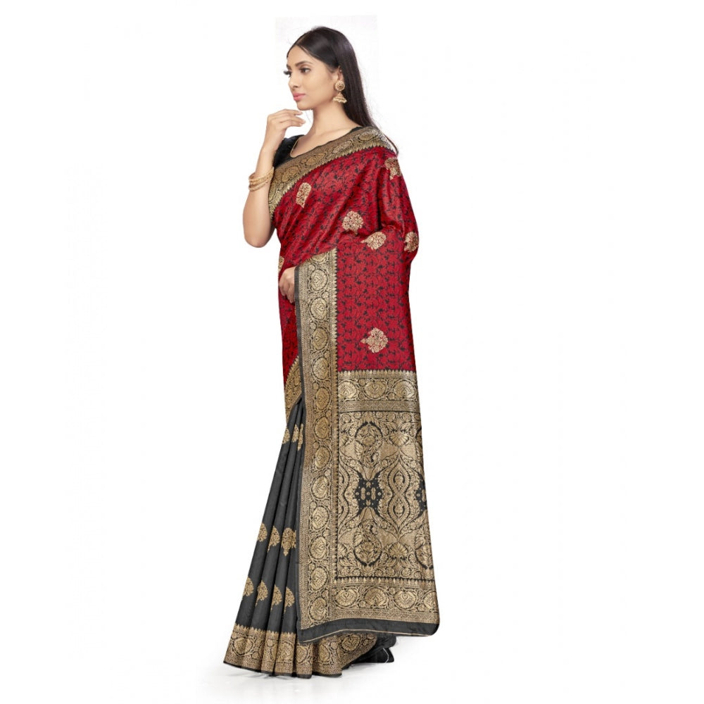 Clasymist Women's Banarasi Silk Saree With Blouse (Black, Red, 5-6Mtrs)