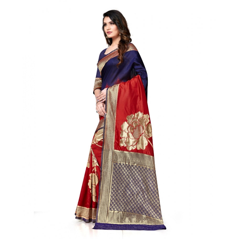 Clasymist Women's Banarasi Silk Saree With Blouse (Navy Blue, Red, 5-6Mtrs)