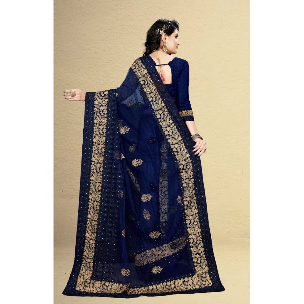 Clasymist Women's Net Saree With Blouse (Navy Blue, 5-6Mtrs)