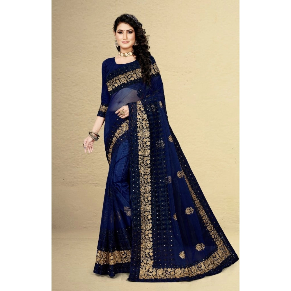 Clasymist Women's Net Saree With Blouse (Navy Blue, 5-6Mtrs)