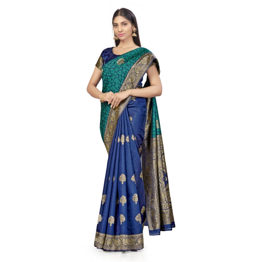 Clasymist Women's Banarasi Silk Saree With Blouse (Navy Blue, Rama, 5-6Mtrs)