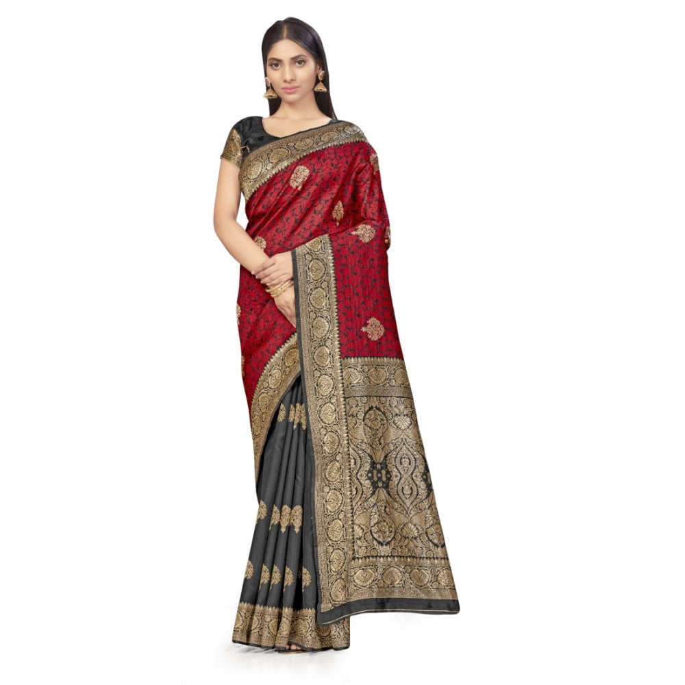 Clasymist Women's Banarasi Silk Saree With Blouse (Black, Red, 5-6Mtrs)