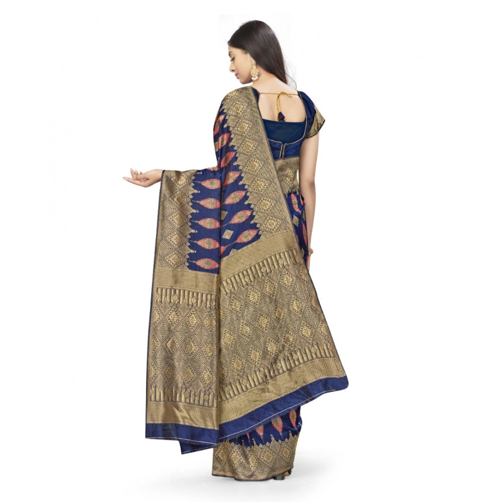 Clasymist Women's Banarasi Silk Saree With Blouse (Navy Blue, 5-6Mtrs)