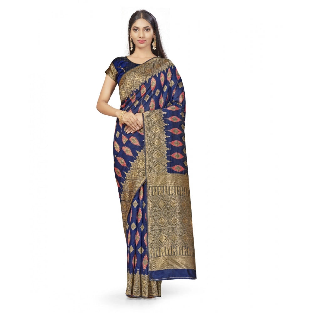 Clasymist Women's Banarasi Silk Saree With Blouse (Navy Blue, 5-6Mtrs)