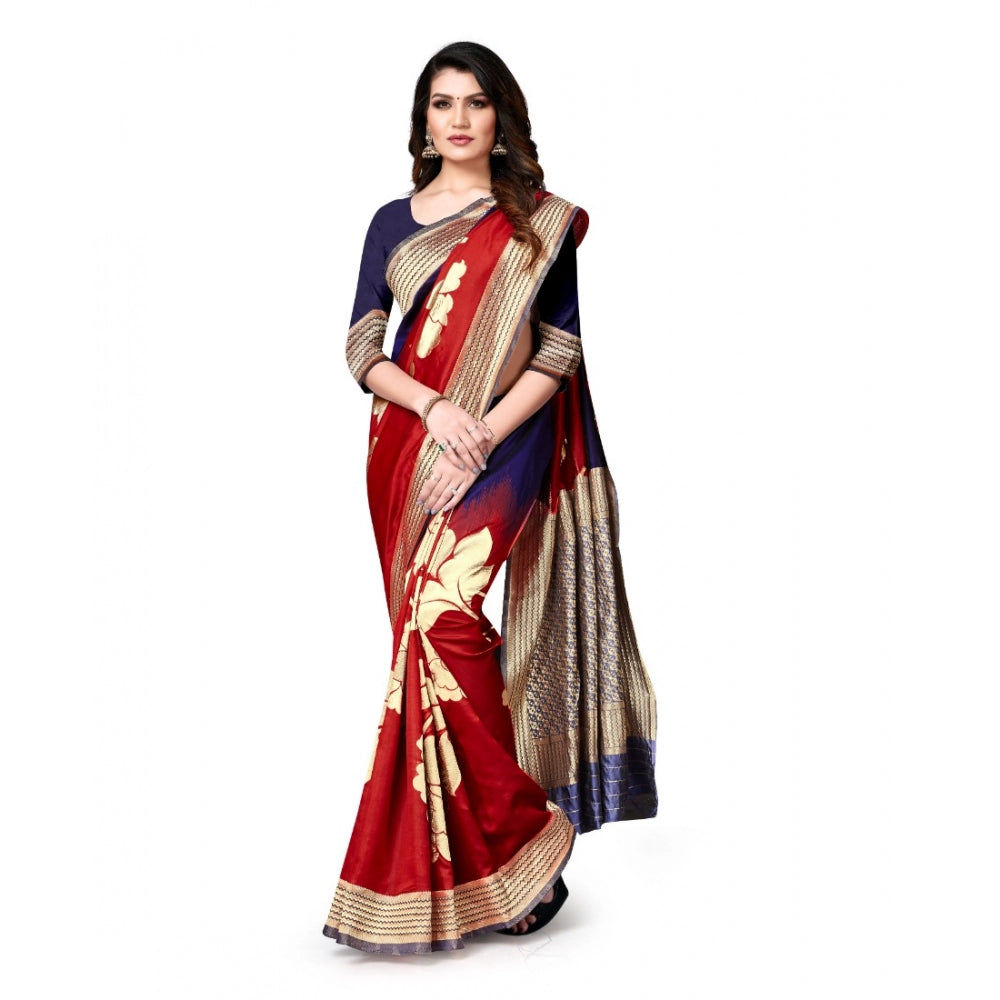 Clasymist Women's Banarasi Silk Saree With Blouse (Navy Blue, Red, 5-6Mtrs)