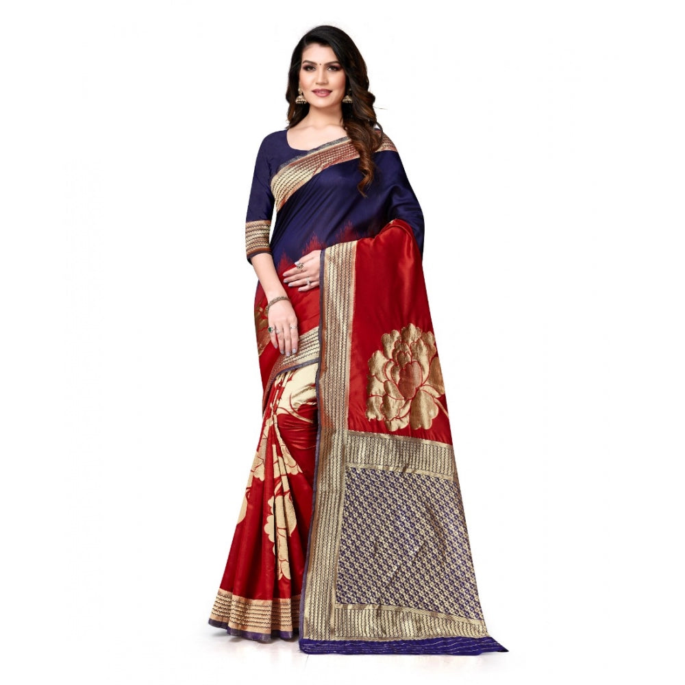 Clasymist Women's Banarasi Silk Saree With Blouse (Navy Blue, Red, 5-6Mtrs)