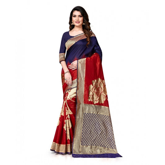 Clasymist Women's Banarasi Silk Saree With Blouse (Navy Blue, Red, 5-6Mtrs)