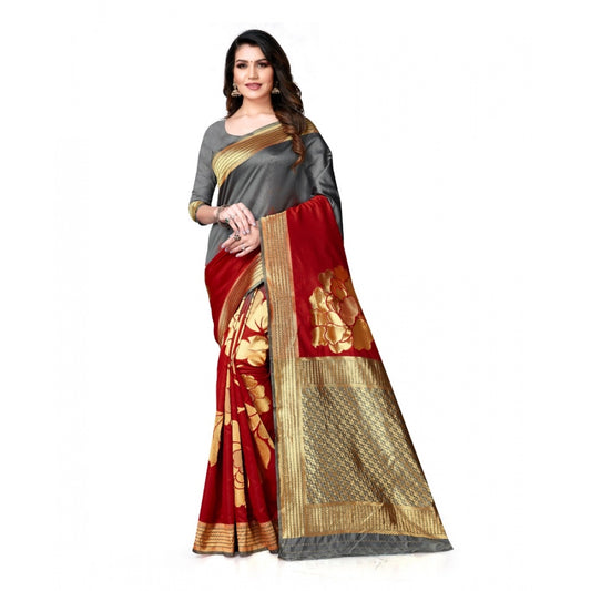 Clasymist Women's Banarasi Silk Saree With Blouse (Grey, Red, 5-6Mtrs)