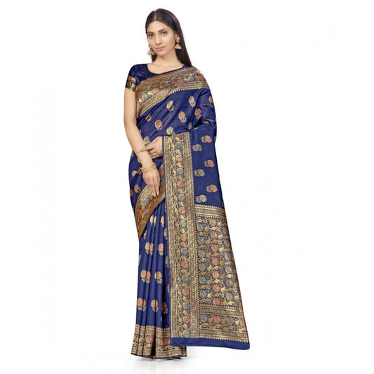 Clasymist Women's Banarasi Silk Saree With Blouse (Navy Blue, 5-6Mtrs)